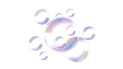 Floating transparent soap bubbles isolated on transparent background, iridescent bubble circle overlay
