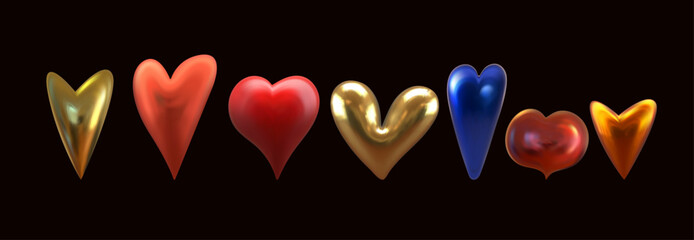 Obraz premium 3D cartoon colorful heart shape toy collection isolated on black. Realistic vector hearts for Valentine’s Day, Mother’s Day decor, gifts, cards, banners, festive design. Matte and glossy surface.