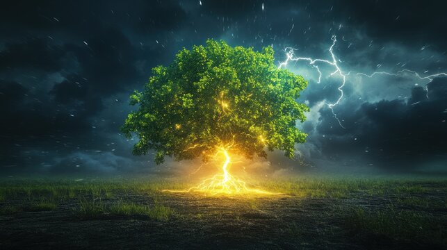 Majestic green tree struck by lightning in a stormy landscape