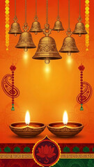 Colourful Tamil Wedding Invitation with Glowing Oil Lamps and Temple Bells in Warm Gold Tones