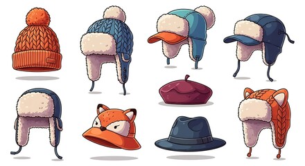 Collection of Winter Hats - Knitted, Fur-Lined, and Animal-Themed Designs.