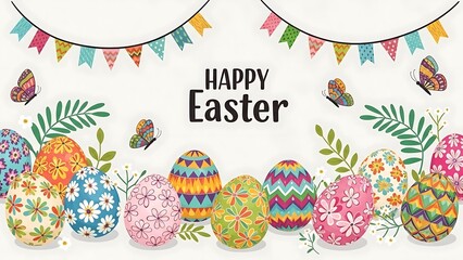 Colorful Easter eggs with flowers and butterflies
