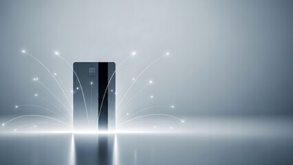 A credit card with glowing lines and dots representing digital transactions and secure online payments.