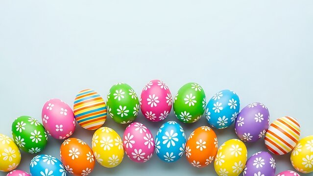 Colorful Easter eggs with floral patterns on light blue background - Powered by Adobe