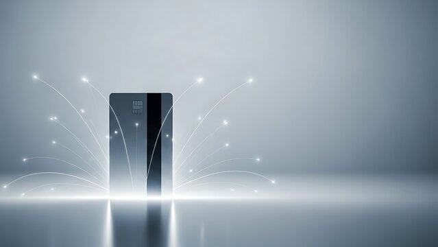 A credit card with glowing lines and dots representing digital transactions and secure online payments. - Powered by Adobe