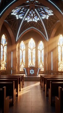Elegant synagogue interior with stained glass and altar