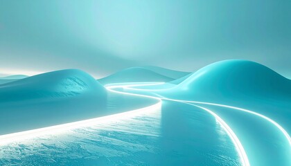 Smooth, icy blue landscape with winding, glowing white paths and soft, diffused light