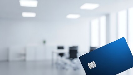 A blue credit card with a chip in the foreground, set against a blurred modern office background.