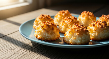 Fototapeta premium Delicious coconut macaroons bask in the soft sunlight on a serene blue plate, a moment of culinary artistry and pure delight.