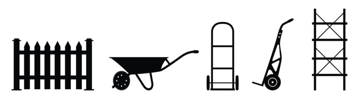 Collection of black silhouette garden tools and wheelbarrows. Black silhouette garden tools plants watering can hat wheelbarrow fence gardening Vector illustration.