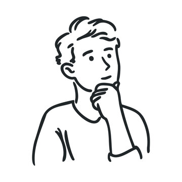Young man thinking deeply with his hand on his chin, contemplating a decision or solving a problem, depicted in a simple line art illustration.
