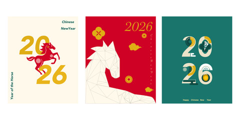 Fototapeta premium Vector Chinese New Year 2026 design template calendar red gold and green for cards, posters, abstract. Banners festival Lunar new year for new beginning and goal planning. Pattern year of the horse