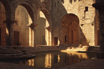 Tranquil Ancient Courtyard with Reflecting Pool, Old World Architecture