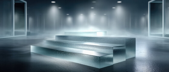 Fogged glass with stepped clear window cutout and smooth mist gradient transitions