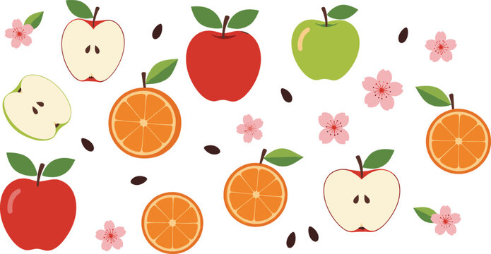 Apple and Orange Fruit Pattern Illustration with Sliced Citrus, Seeds, Leaves, and Blossoms for Wallpaper, Textile, Packaging, and Decorative Design