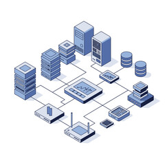 Isometric illustration of computer network infrastructure and devices.