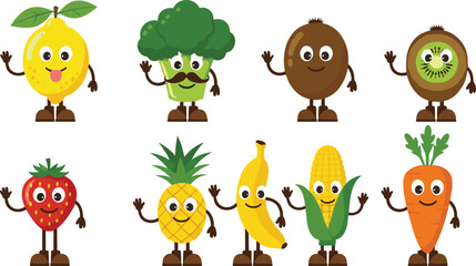 Obraz premium Cute Fruit and Vegetable Character Icon Set with Happy Food Mascots for Kids Education, Healthy Eating, Nutrition, and Cartoon Design