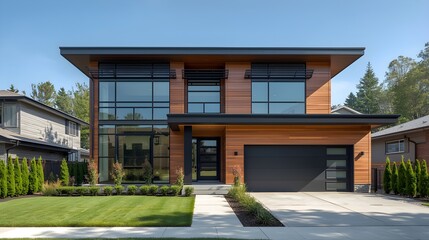 Obraz premium Modern luxury two-story house with large glass windows and black garage doors in sunny suburban neighborhood