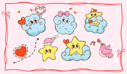 Cute Valentine Cloud Set Element Cartoon Character Hand Drawn Greeting Card Printable