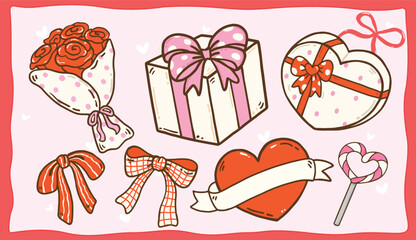 Kawaii Valentine Gift Set Element Cartoon Character Hand Drawn Greeting Card Printable