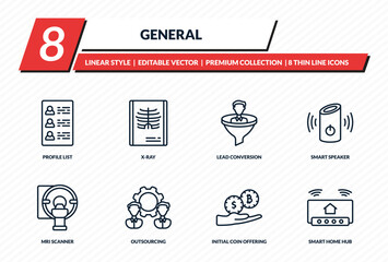 general icons set - profile list, x-ray, lead conversion, smart speaker, smart home hub outline vector collection.