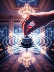 Hand ringing service bell in luxurious hotel reception area  
