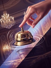 Hand ringing bell at luxury reception with elegant chandelier  