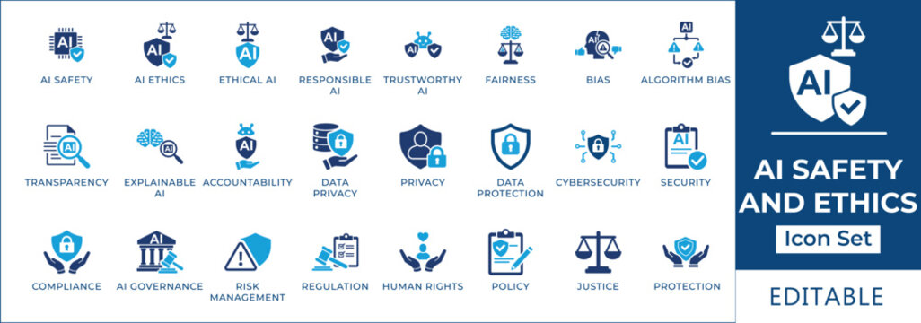 AI safety and ethics icon set featuring responsible AI, algorithmic bias, fairness, transparency, data privacy, AI governance, compliance, human rights, and justice symbols.