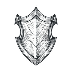 Stylized shield drawing in a vintage etched style, featuring intricate lines and a classic shape, symbolizing protection, security, and defense.