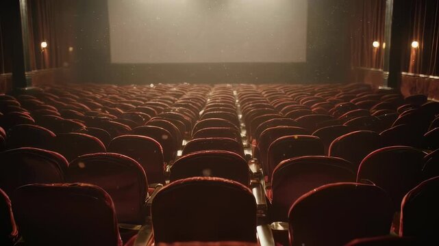 A vintage cinema with rows of plush red seats facing a screen, dimly lit with dust motes