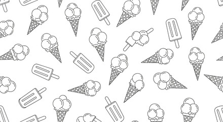 Simple line art pattern of various ice cream cones and popsicles on a white background creates a fun and sweet summer themed wallpaper.