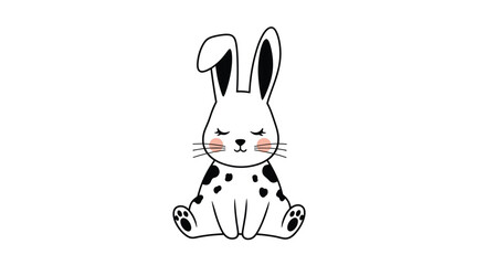 Fototapeta premium Sweet and cute white bunny character with black spots and pink cheeks sitting peacefully on a plain white background.
