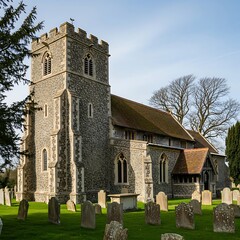 Historic Church and Graveyard in Rural England on a Sunny Day.