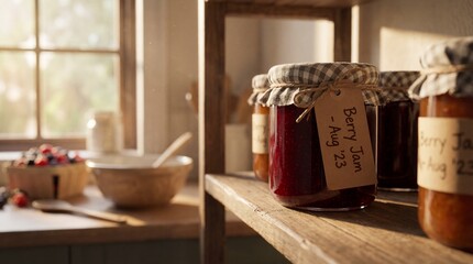 Artisanal Berry Jam Jars with Handcrafted Tags in a Cozy Rustic Kitchen Setting