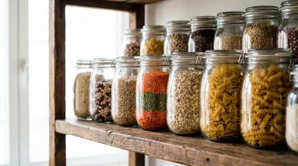 Assorted dry food staples stored in glass jars on rustic wooden pantry shelves