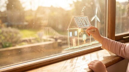 Child Drawing Sustainable House with Solar Panels and Wind Turbine on Window Glass