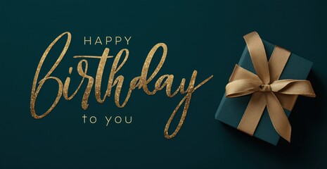 Elegant Happy Birthday Design with Gold Glitter Text and Teal Gift Box with Gold Ribbon
