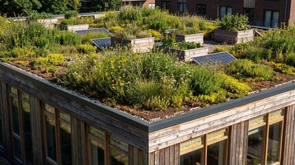 Eco-Friendly Green Roof with Wildflowers and Solar Panels on Sustainable Building
