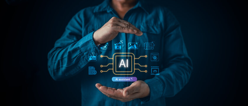 Man hands protecting virtual AI assistant technology chip. Concept of artificial intelligence support for smart creative content generation and digital workflow automation solution.