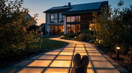 Illuminated Garden Path Leading to a Modern Sustainable Home at Dusk