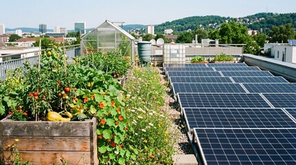 Lush Urban Rooftop Garden Featuring Solar Panels and Vegetable Greenhouse