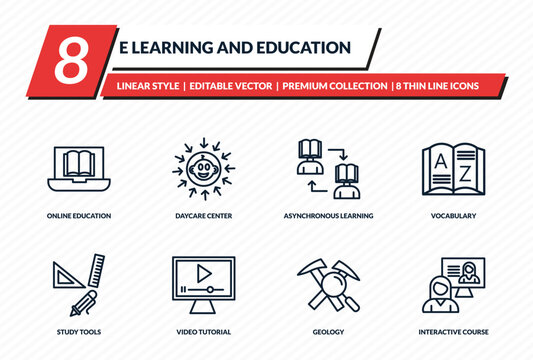 e learning and education icons set - online education, daycare center, asynchronous learning, vocabulary, interactive course outline vector collection.