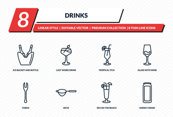 drinks icons set - ice bucket and bottle, last word drink, tropical itch, glass with wine, energy drink outline vector collection. © IconArt