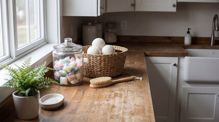 Modern Farmhouse Laundry Room Counter with Soap Pods and Wool Dryer Balls
