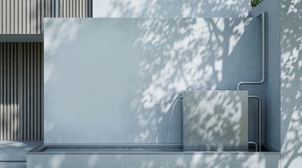 Modern minimalist outdoor water feature with stainless steel fountain and tree shadows on wall