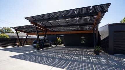 Modern Residential Solar Panel Carport with Electric Vehicle and Sustainable Energy Solution
