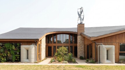 Modern Sustainable Eco-Friendly House with Wind Turbine and Rainwater Tanks