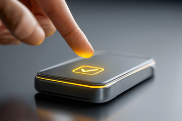 Minimalist 3D smartphone tap payment icon with checkmark on clean white background