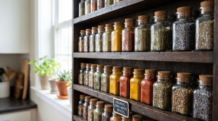Neatly organized glass jars with various organic spices on a rustic wooden kitchen shelf