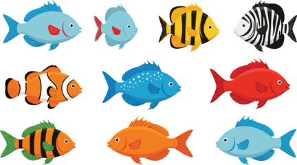 Colorful Tropical Fish Icon Set with Cartoon Sea Creatures for Aquarium, Marine Life, Ocean Education, Children Illustrations, and Aquatic Design